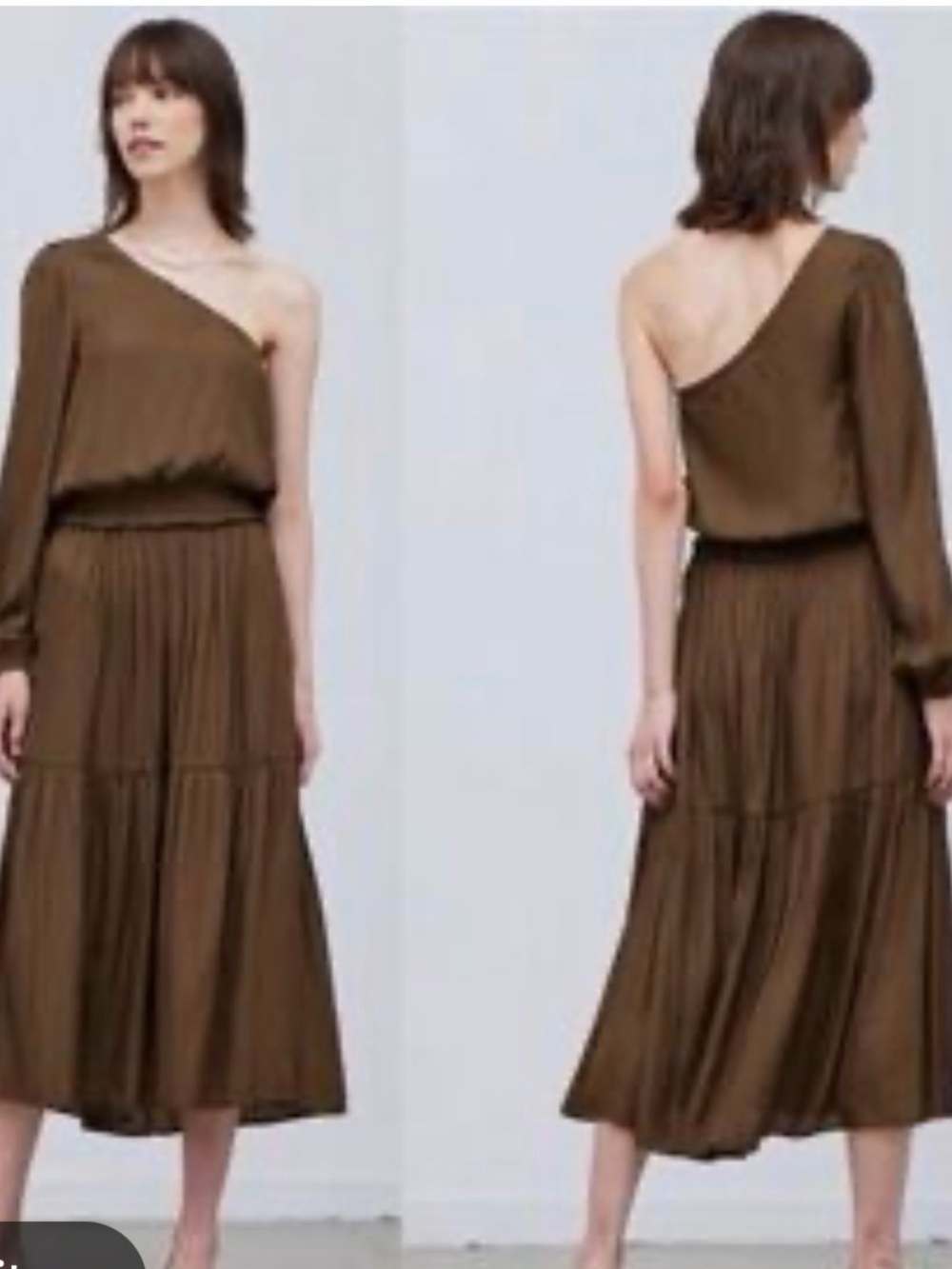 Asymmetric One-Shoulder Brown Midi Dress